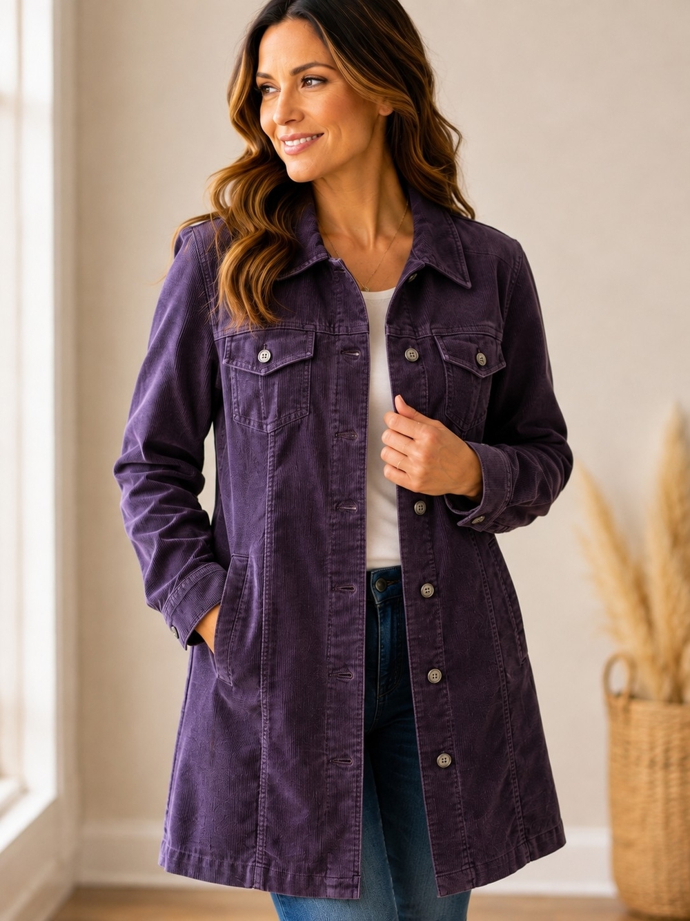 SO Blue Sigrid Olsen Purple Corduroy Longline Trucker Jacket Y2K Utility M - Picture 10 of 10
